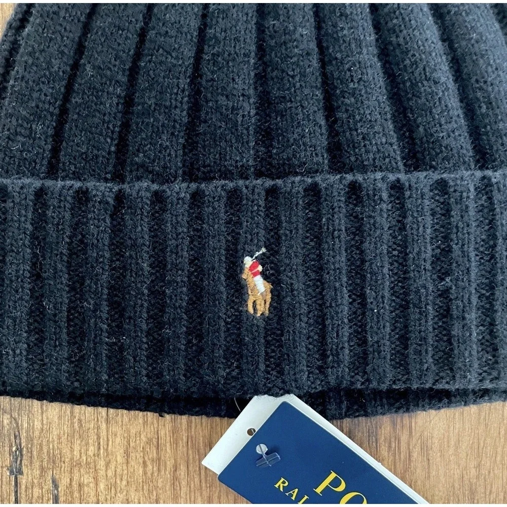 Polo Ralph Lauren‎ Signature Wool Blend Cuffed Beanie Black Tan New